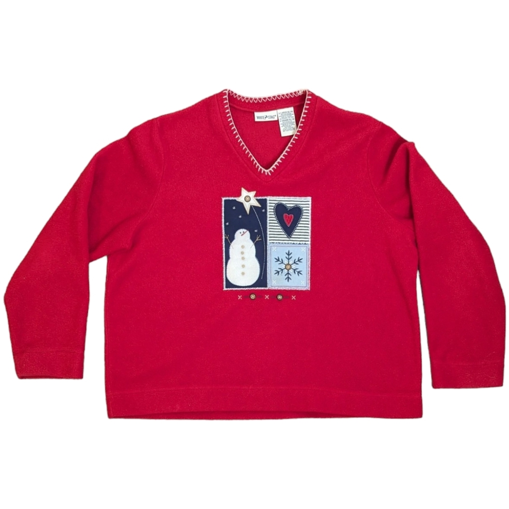 VINTAGE White Stag Size XL Red V-Neck‎ Sweatshirt with Snowman